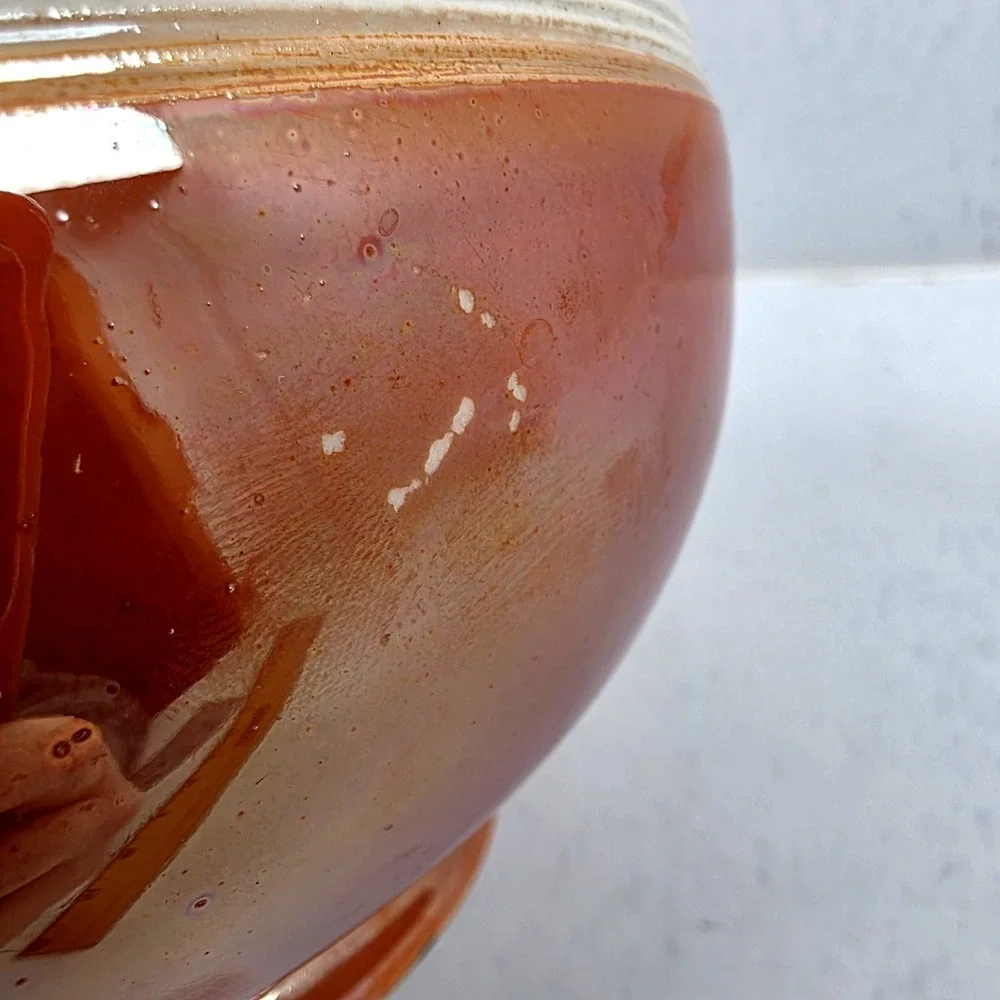 Antique 1915 Moorcroft Orange Luster Glaze Ribbed Pottery Bowl England 8 inch‎
